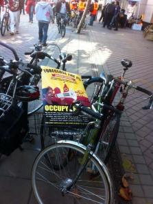 Many protesters came to Broadway on bicycles, thus avoiding snarled traffic and blocked public transit lines. BART continued to operate beneath the protest.