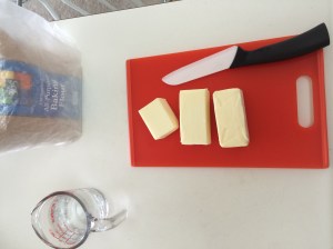 Dough is pretty simple: flour, butter and cold, cold, cold water. Plus a bit of salt.