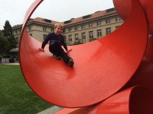Back outside on campus, I exposed Kieran to some art, and he decided to truly appreciate it he had to climb it.
