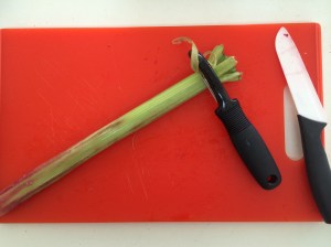 Rhubarb has to be peeled carefully to keep the pie from being too stringy.