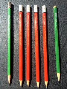 Utrecht professional red drawing pencils in various grades, plus a Kimberly 2H from the U.S.A.'s "General Pencil Co." and a Castell 9000 H from Germany.