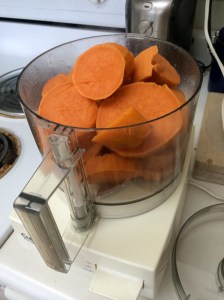The boiled bits of sweet potato, ready to be pureed.